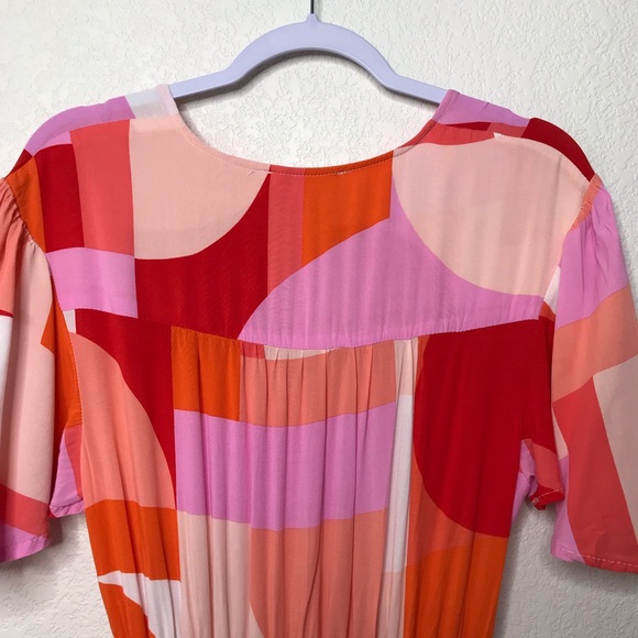 ABEL THE LABEL Ruffled Hem Flutter Sleeve Midi Dress Bright Abstract Geometric - Picture 6 of 13